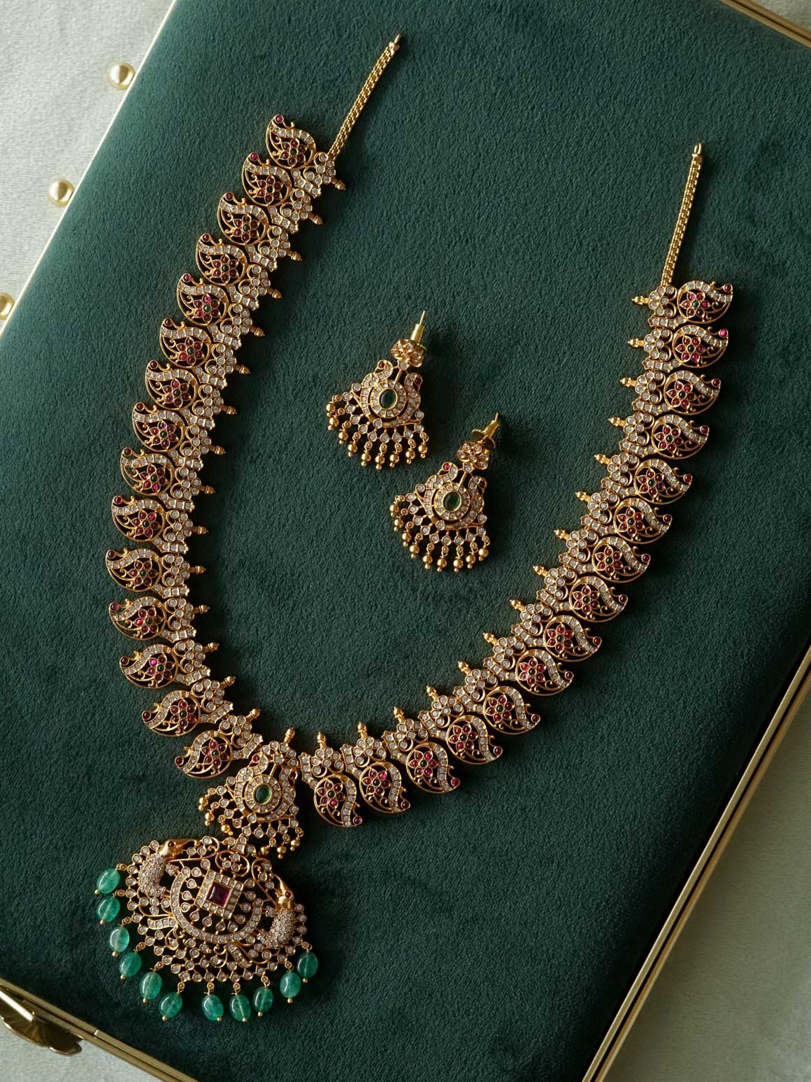 ELEPHANT MANGA WITH GREEN BEADS MIDCHEST WITH EARRINGS - CZ Matte Finish- Zivara Fashion