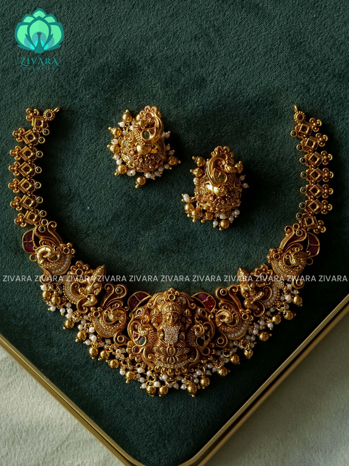 GRAND TEMPLE LAKSHMI WITH PEACOCK BRIDAL NECKWARE  - Traditional south indian premium neckwear with earrings- Zivara Fashion- latest jewellery design