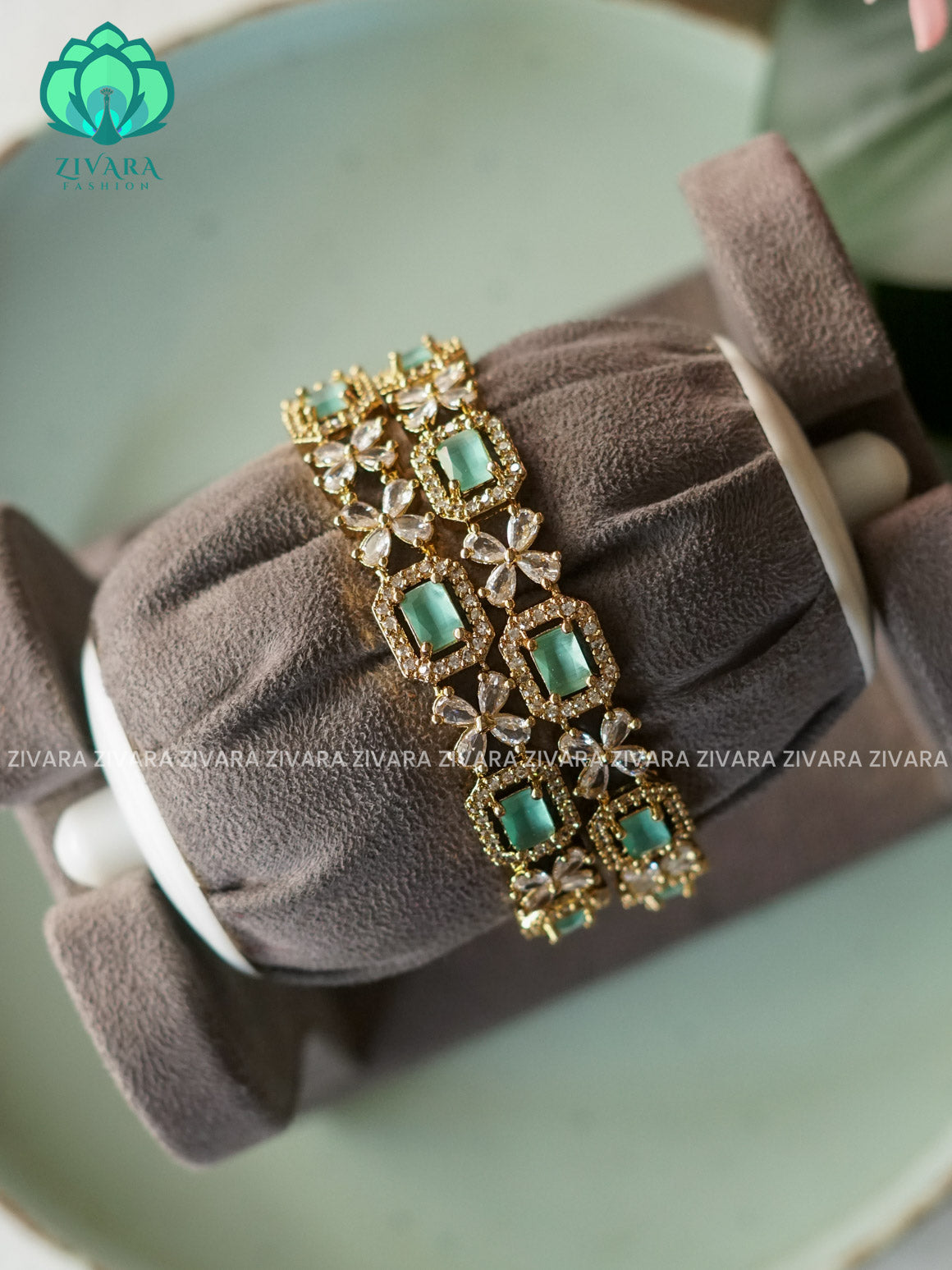 2 piece PASTEL GREEN  STONE SQUARE FLORAL bangles - latest jewellery collection