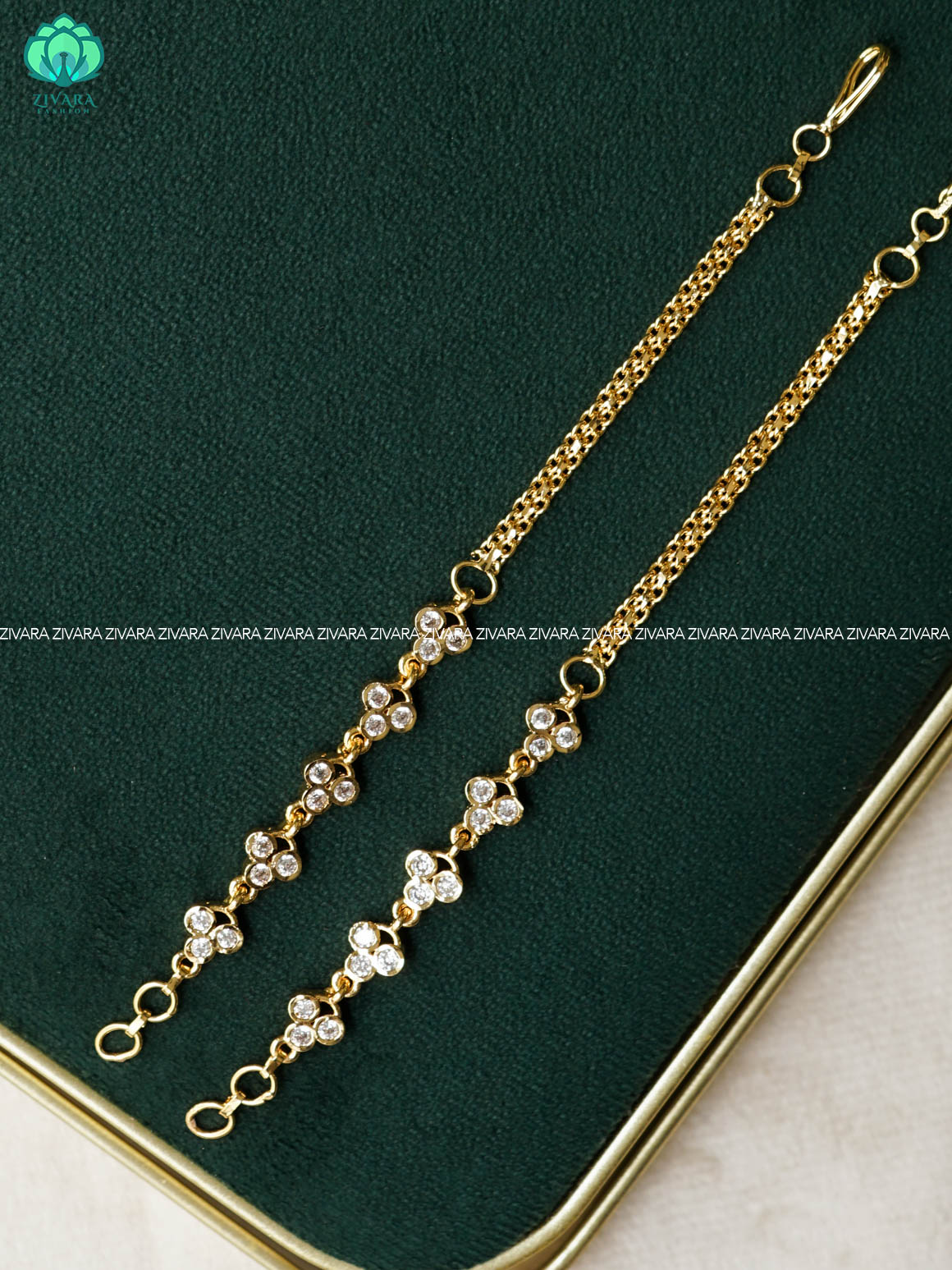 AMBIGAI - WHITE STONE MICROGOLD POLISH straight  earchain maatal- south indian kemp bridal accessory