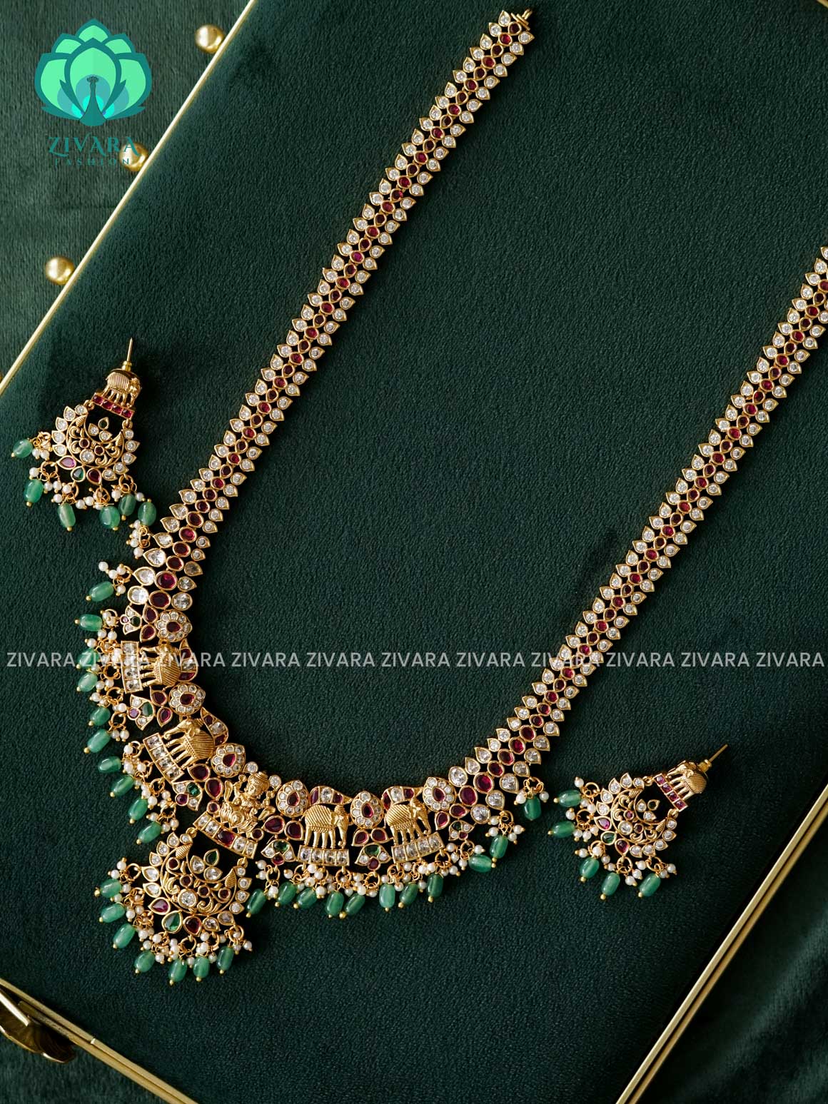 REAL KEMP TEMPLE HAARAM WITH GREEN BEADS HANGINGS  - Traditional PREMIUM MATTE polish MIDCHEST haaram/neckwear with earrings- Zivara Fashion