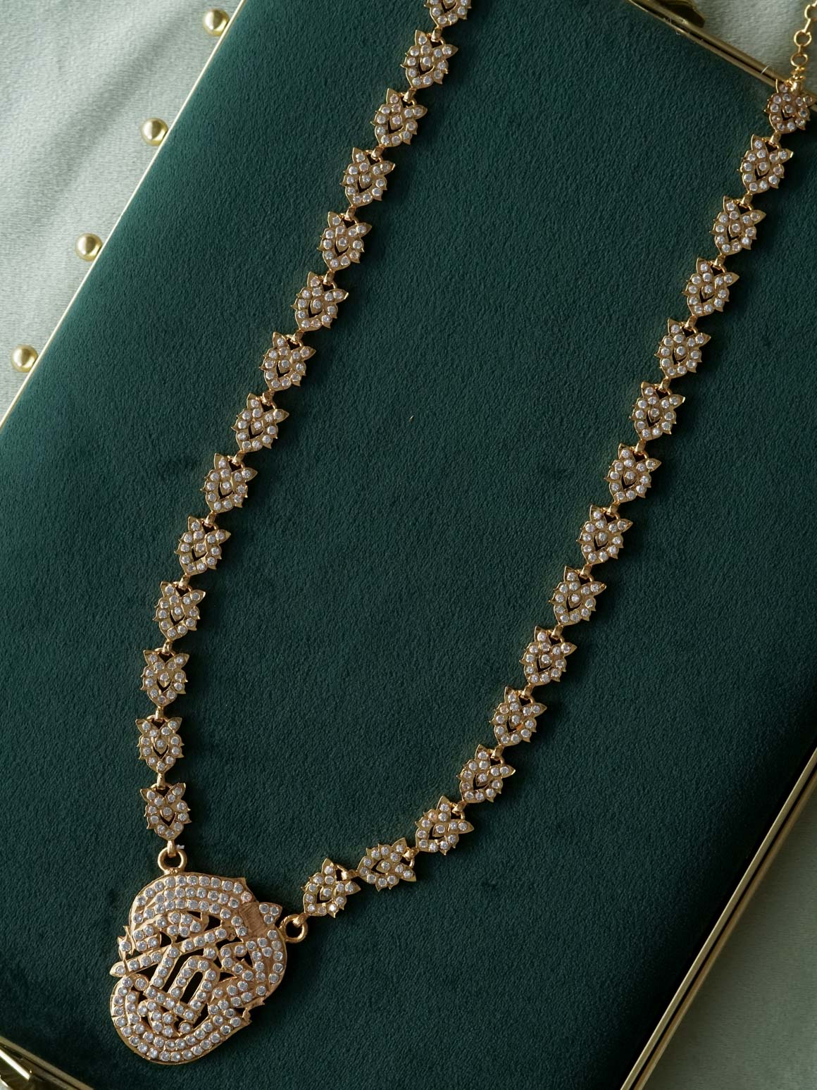 AMBIGAI - WHITE STONE OM VEL MICROGOLD POLISH LONG HAARAM  with premium gold polish -Traditional south indian premium neckwear without earrings- Zivara Fashion- latest jewellery design