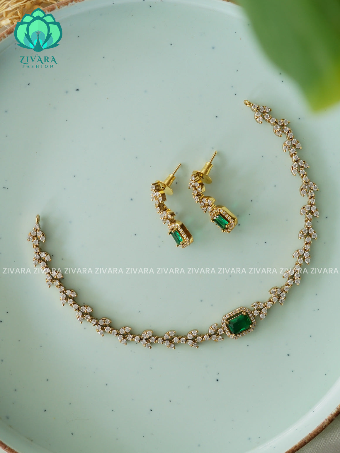 GREEN- Kids friendly simple stone - stylish and minimal elegant neckwear with earrings- Zivara Fashion
