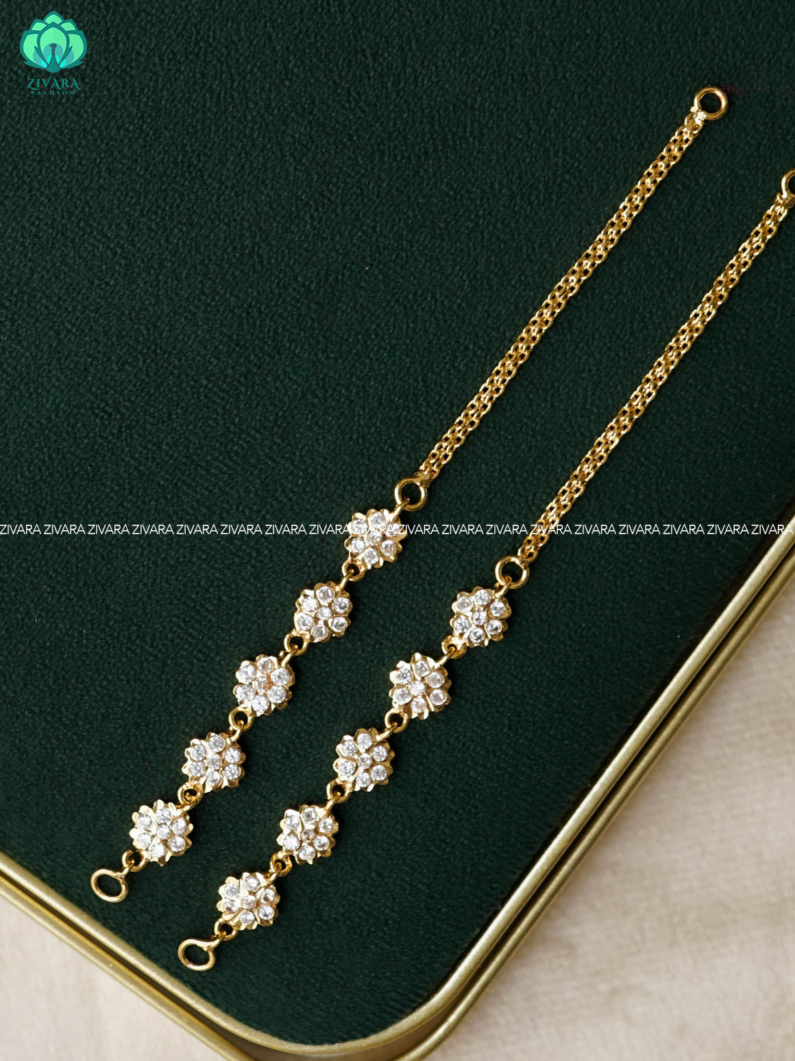 AMBIGAI - WHITE STONE FLOWER  MICROGOLD POLISH straight  earchain maatal- south indian kemp bridal accessory