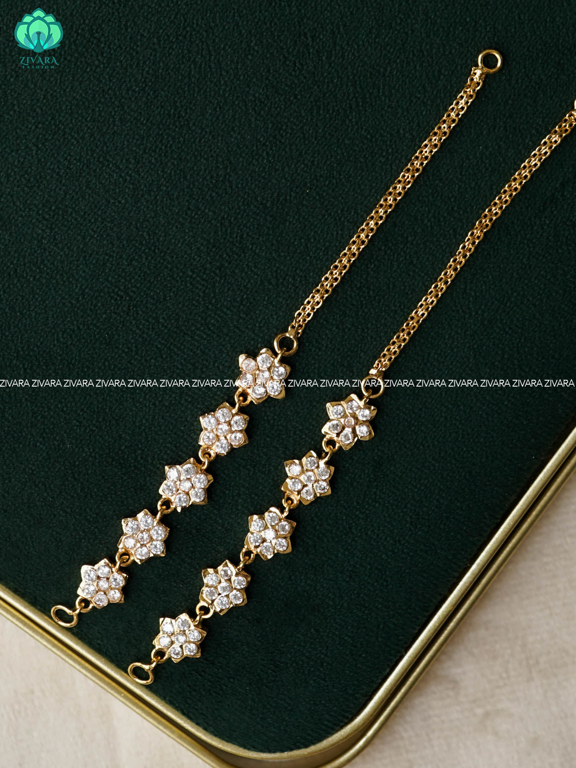 AMBIGAI - WHITE STONE FLOWER  MICROGOLD POLISH straight  earchain maatal- south indian kemp bridal accessory