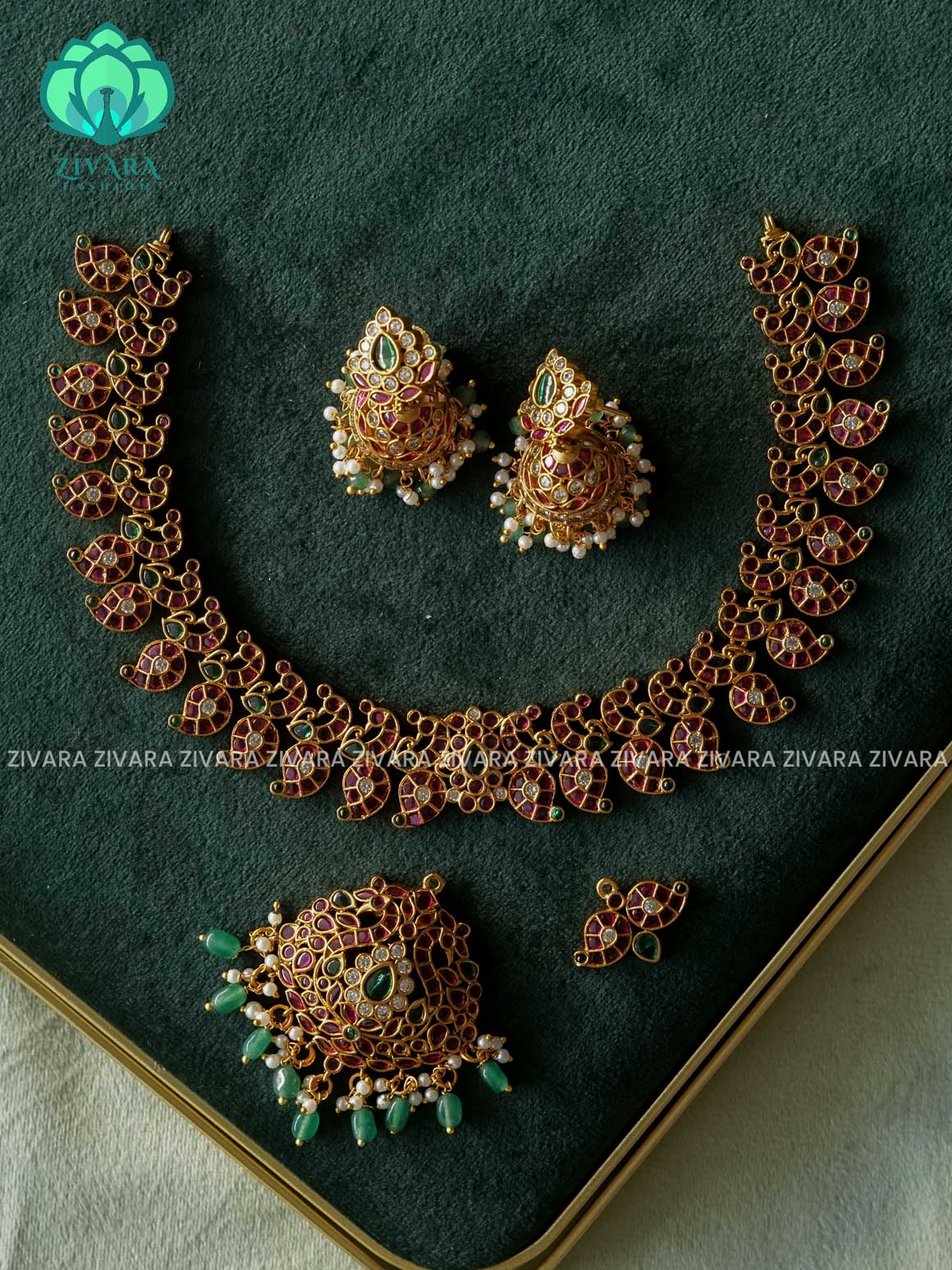 REMOVABLE PENDANT GRAND PEACOCK WITH MANGA  BRIDAL NECKWARE WITH GREEN HANGINGS  - Traditional south indian premium neckwear with earrings- Zivara Fashion- latest jewellery design