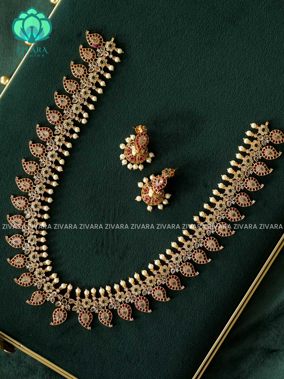 RUBY GREEN STONE MANGO - Traditional PREMIUM MATTE polish MIDCHEST haaram/neckwear with earrings- Zivara Fashion