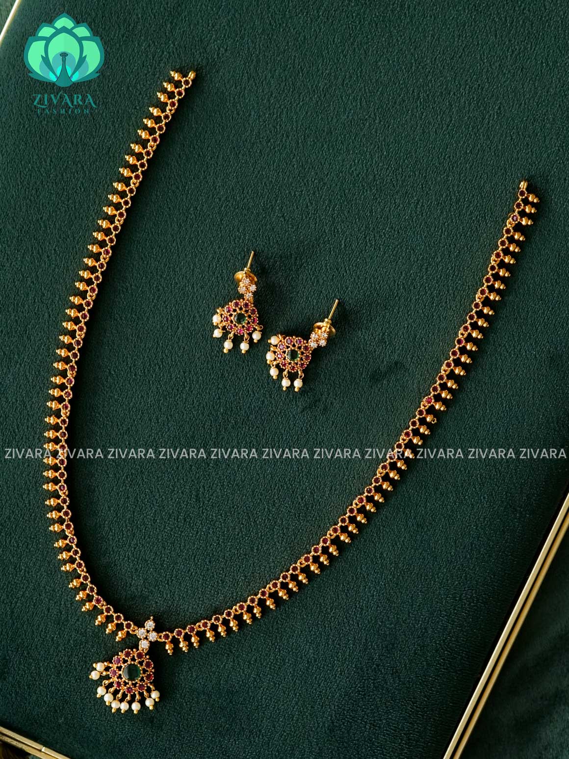 RUBY GREEN WHITE SIMPLE ATTIGAI model MIDCHEST neckwear with earrings- CZ Matte Finish- Zivara Fashion