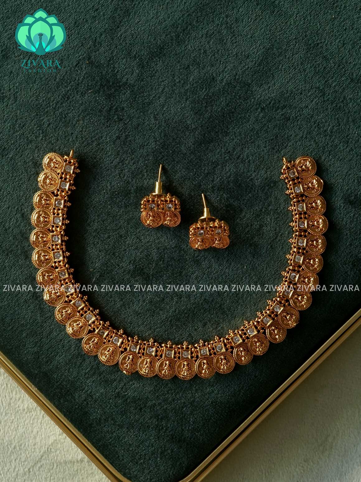 TEMPLE COIN WHITE STONE   - Traditional south indian premium neckwear with earrings- Zivara Fashion- latest jewellery design