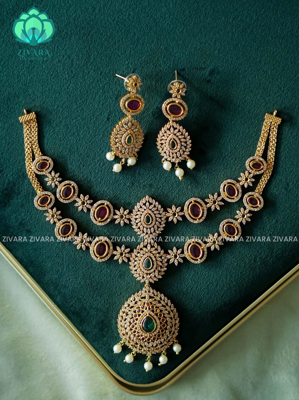 AKSHAYAM - EXUBERANT BRIDAL REAL KEMP NECK WEAR WITh EARRINGS   - Premium quality CZ Matte collection-south indian jewellery