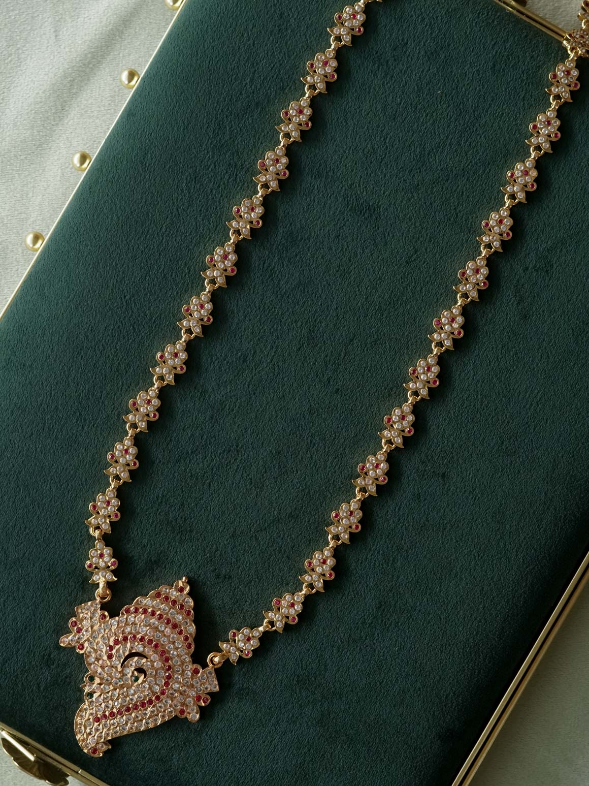 AMBIGAI -  RUBY WHITE STONE SANGU  MICROGOLD POLISH LONG HAARAM  with premium gold polish -Traditional south indian premium neckwear without earrings- Zivara Fashion- latest jewellery design