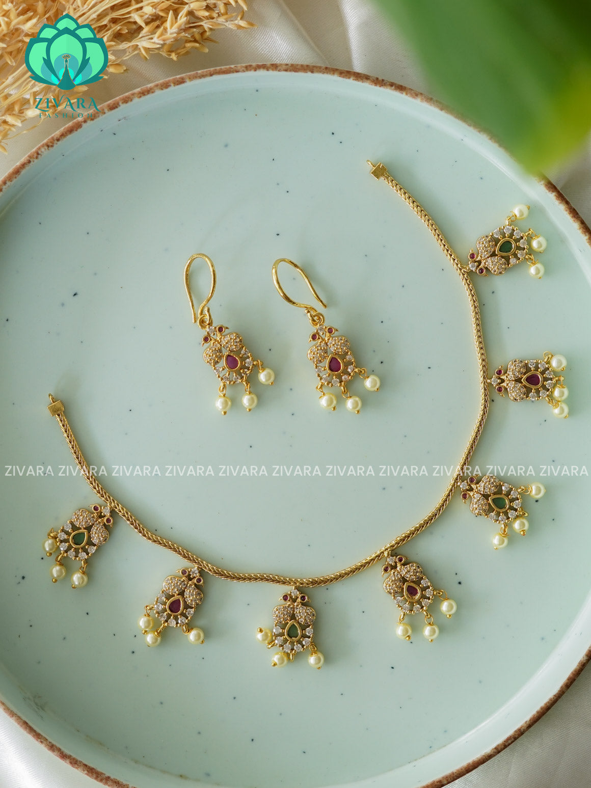 RUBY GREEN - FLEXIBLE CHAIN WITH HANGINGS -Traditional south indian premium neckwear with earrings- Zivara Fashion- latest jewellery design