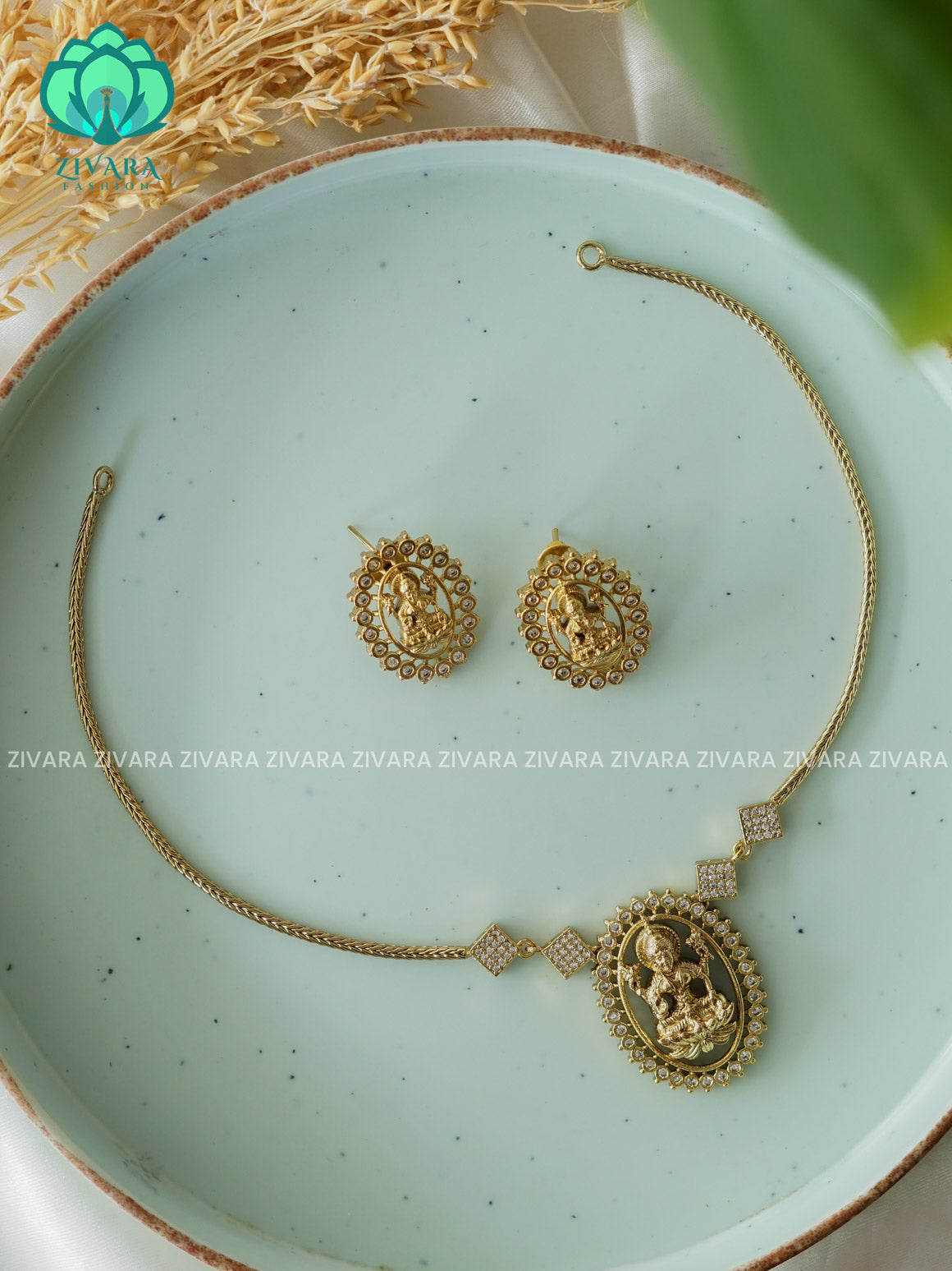 Temple oval pendant - FLEXIBLE CHAIN WITH HANGINGS -Traditional south indian premium neckwear with earrings- Zivara Fashion- latest jewellery design