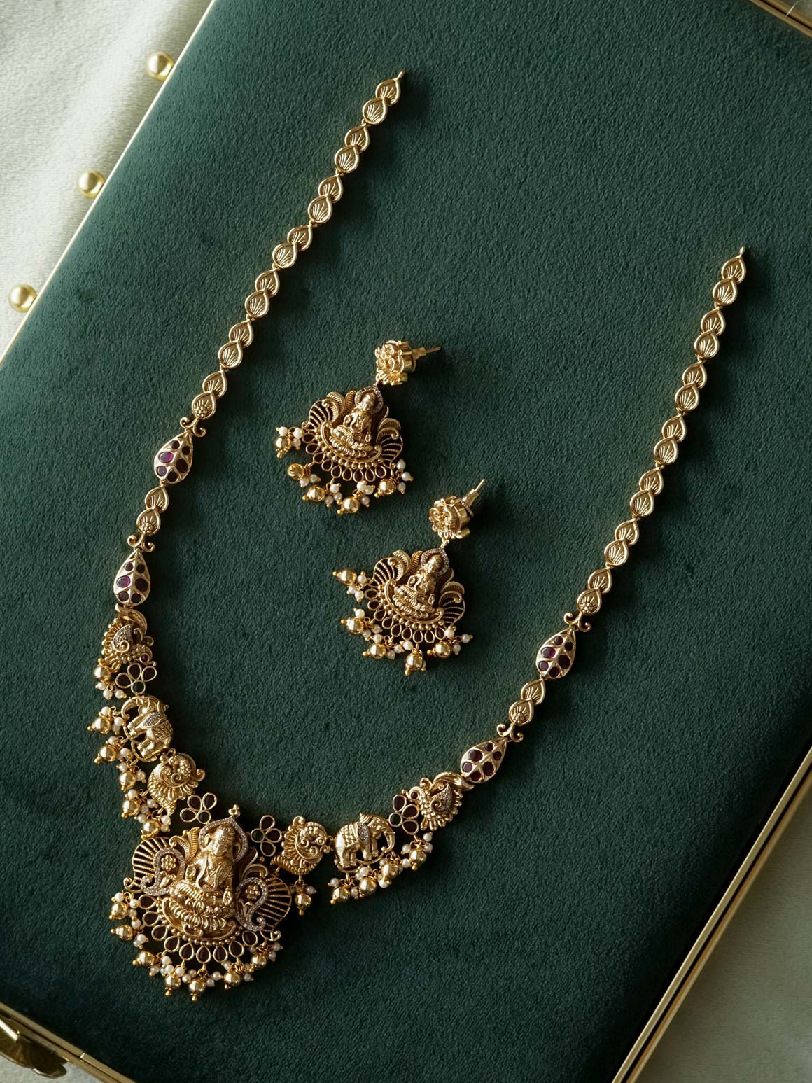 BRIDAL LAKSHMI SIMPLE HAARAM  - Traditional PREMIUM MATTE polish MIDCHEST haaram/neckwear with earrings- Zivara Fashion