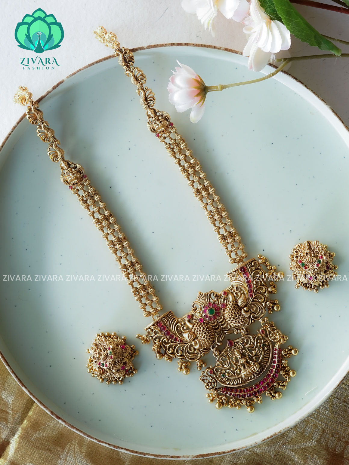 Temple - TRADITIONAL NORMAL MATTE MIDCHEST haaram/neckwear with earrings- Zivara Fashion