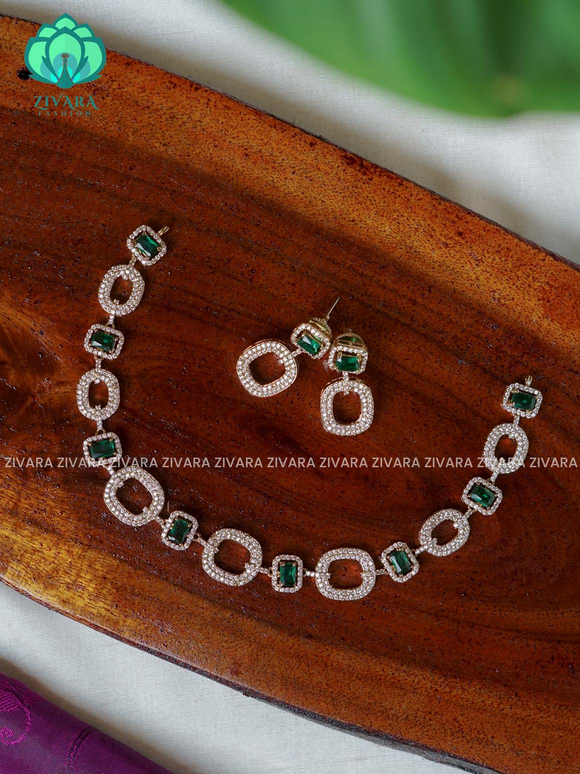 GREEN- OVAL SEMI BRIDAL SUBTLE GOLD FINISH  - stylish and minimal elegant neckwear with earrings- Zivara FashioN