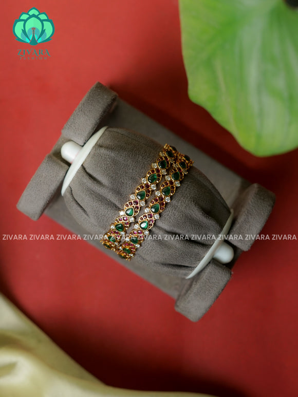 2 PIECE designer  -Premium CZ MATTE POLISH REAL KEMP LEAF  bangles- latest jewellery collection- Zivara Fashion