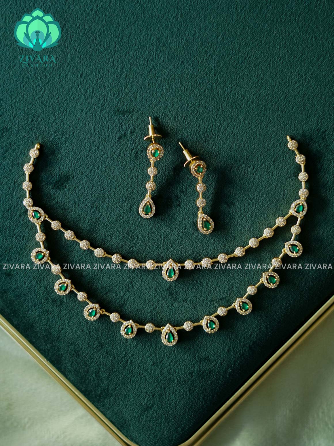 GREEN STEP STONE- stylish and minimal elegant neckwear with earrings- Zivara Fashion