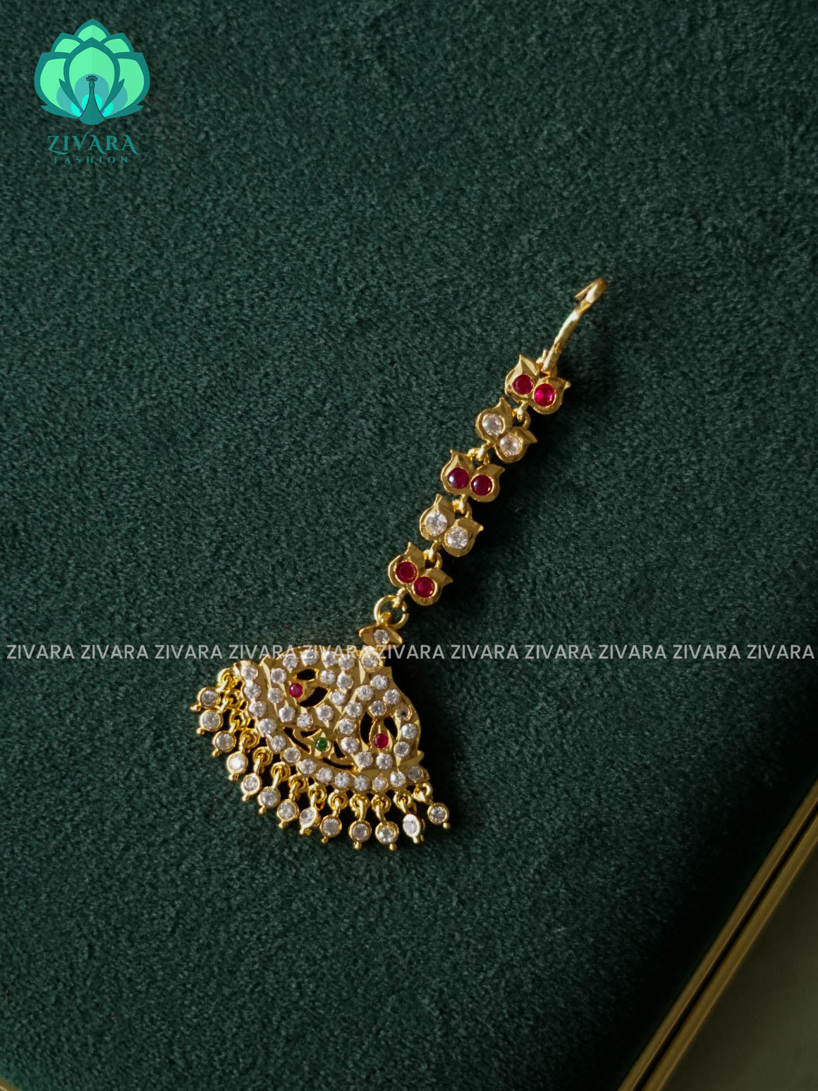 AMBIGAI- RUBY WHITE GREEN PEACOCK MOTIF IMPON TIKKA/CHUTTI MICROGOLD POLISH bridal head accessory- latest bridal collection - Zivara fashion