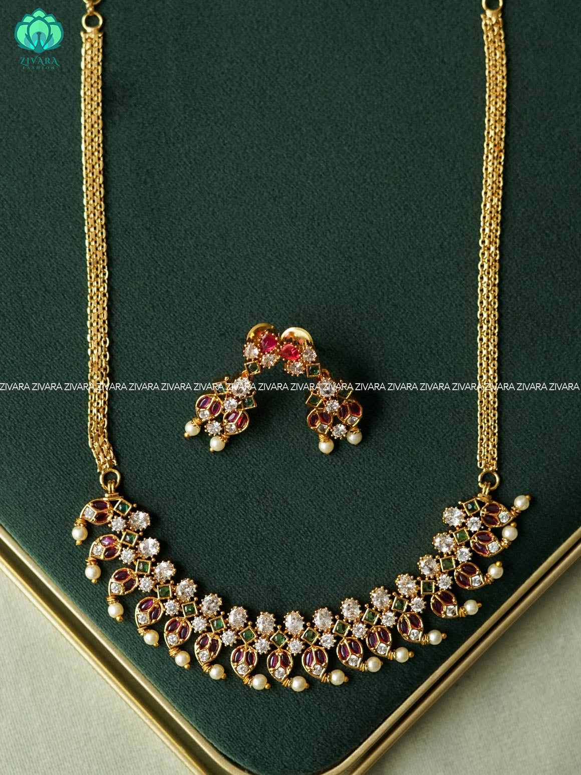 RUBY GREEN  FLEXIBLE CHAIN WITH MANGA MOTIF FREE  -Traditional south indian premium neckwear with earrings- Zivara Fashion- latest jewellery design