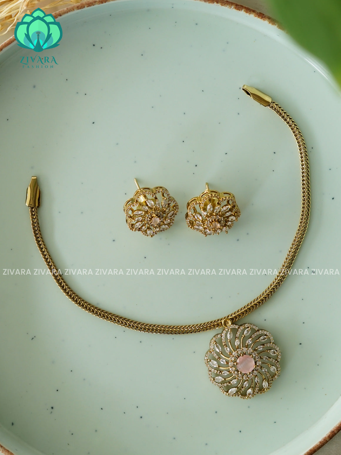 PASTEL PINK ROUND FLOWER - FLEXIBLE CHAIN WITH HANGINGS -Traditional south indian premium neckwear with earrings- Zivara Fashion- latest jewellery design