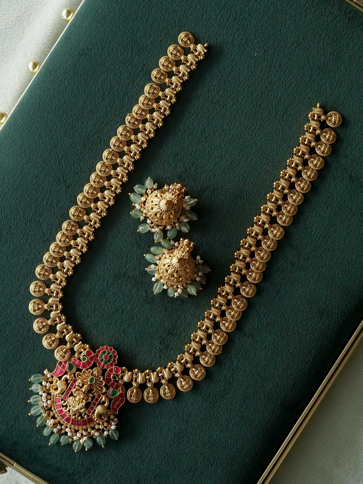 JADAU TEMPLE COIN WITH GREEN BEADS BRIDAL - Traditional PREMIUM MATTE polish MIDCHEST haaram/neckwear with earrings- Zivara Fashion