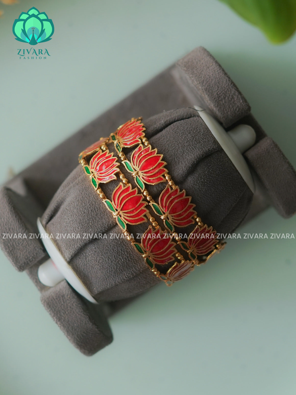 PINK GREEN ENAMEL LOTUS - 2 PIECE - NORMAL MATTE FINISH bangles - latest jewellery collection- Zivara Fashion