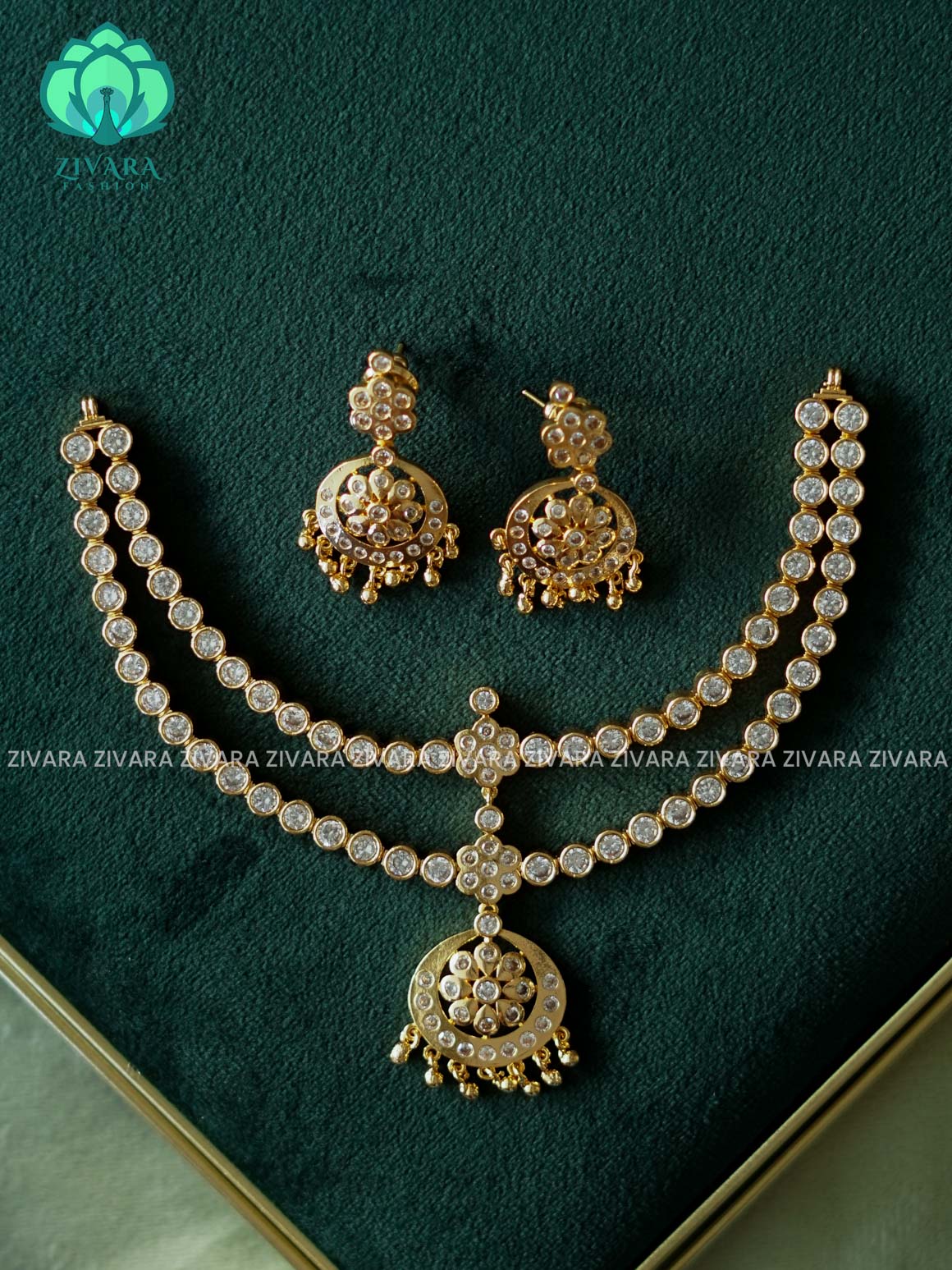 EVERGREEN STEP MATTE FINISH WHITE  stone attigai-Traditional south indian premium neckwear with earrings- Zivara Fashion- latest jewellery design.