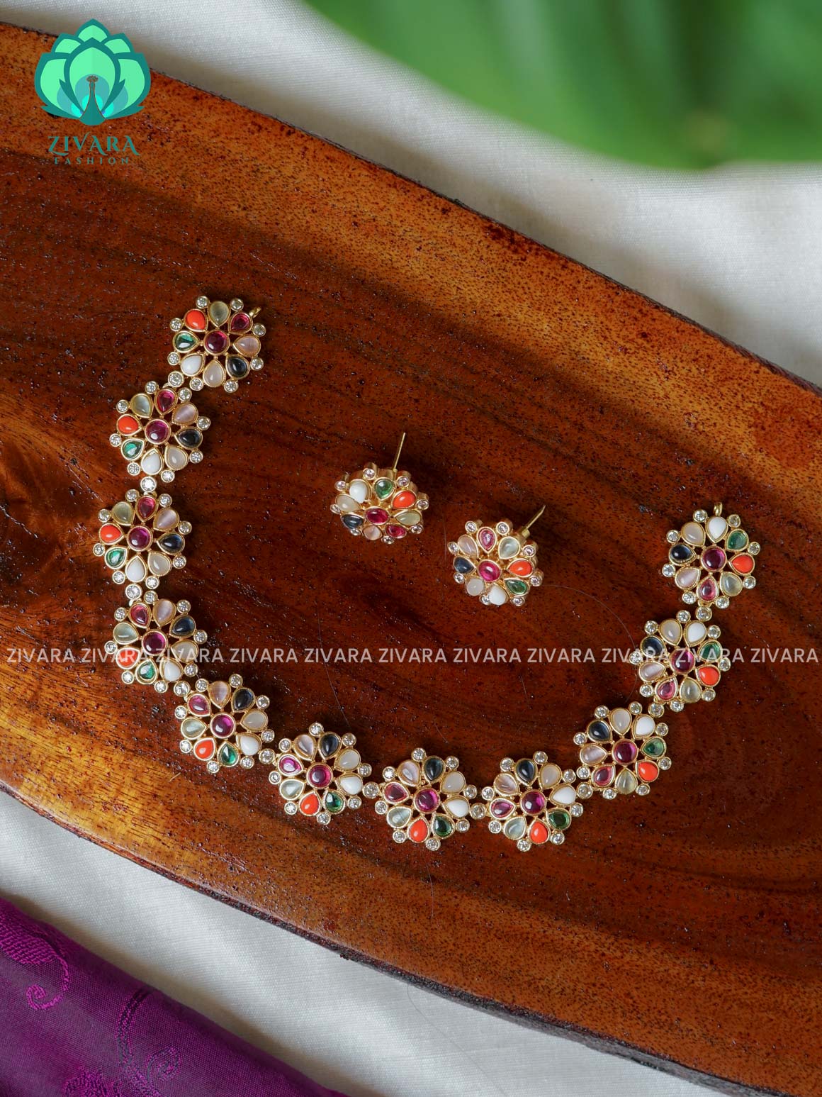 NAVARATNA  -Traditional south indian premium neckwear with earrings- Zivara Fashion- latest jewellery design.