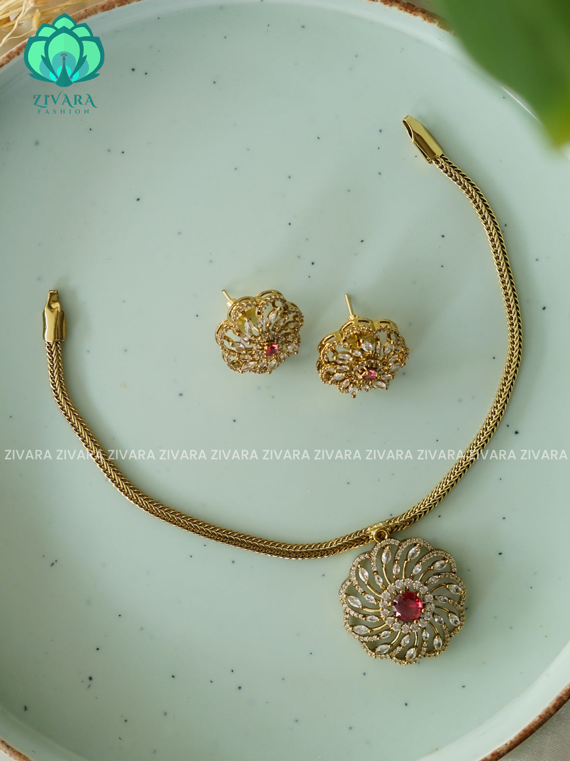 RUBY  ROUND FLOWER - FLEXIBLE CHAIN WITH HANGINGS -Traditional south indian premium neckwear with earrings- Zivara Fashion- latest jewellery design