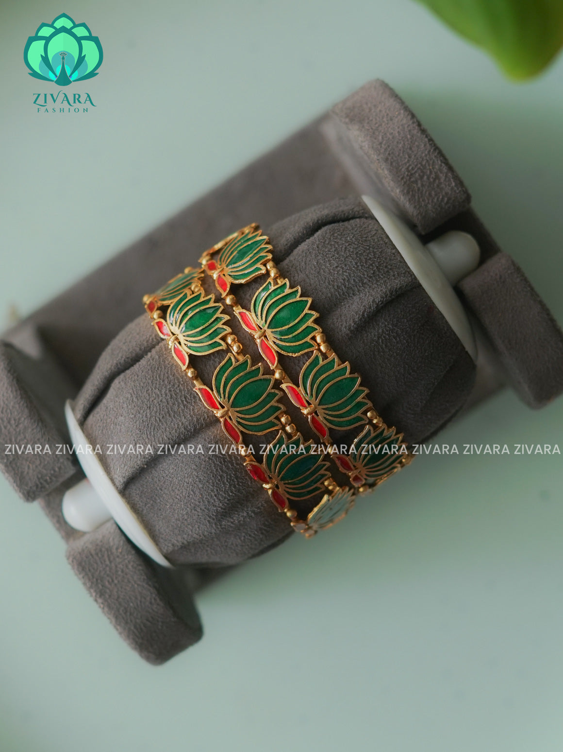 GREEN PINK ENAMEL LOTUS - 2 PIECE - NORMAL MATTE FINISH bangles - latest jewellery collection- Zivara Fashion