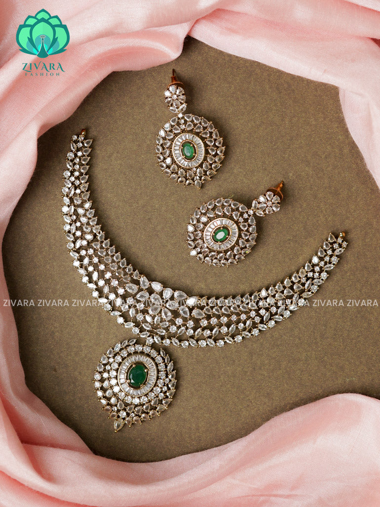 Bridal stone - Diamond look alike  - Ultra premium victoria finish dark polish trending neckwear collection- bridal collection- Zivara Fashion