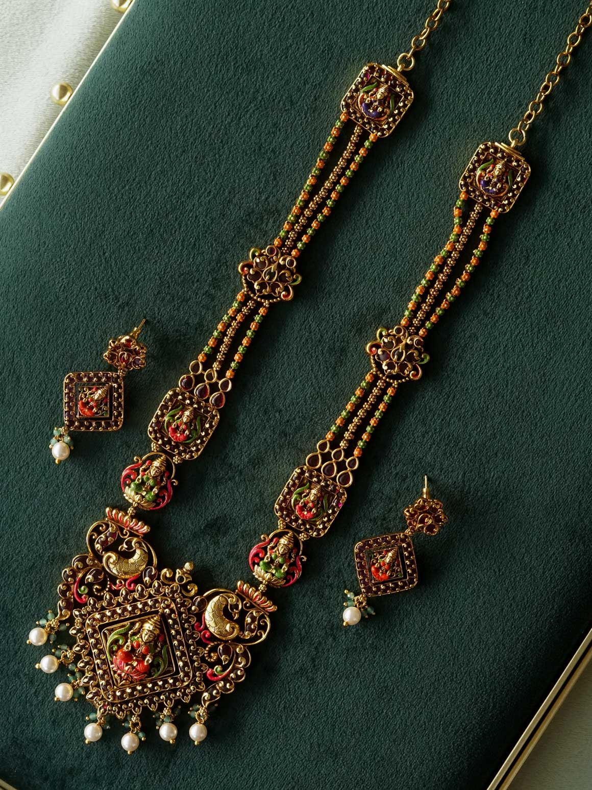 MADHURYA - LAKSHMI REVERSIBLE HAND PAINTED TEMPLE BRIDAL - Traditional PREMIUM MATTE polish MIDCHEST haaram/neckwear with earrings- Zivara Fashion