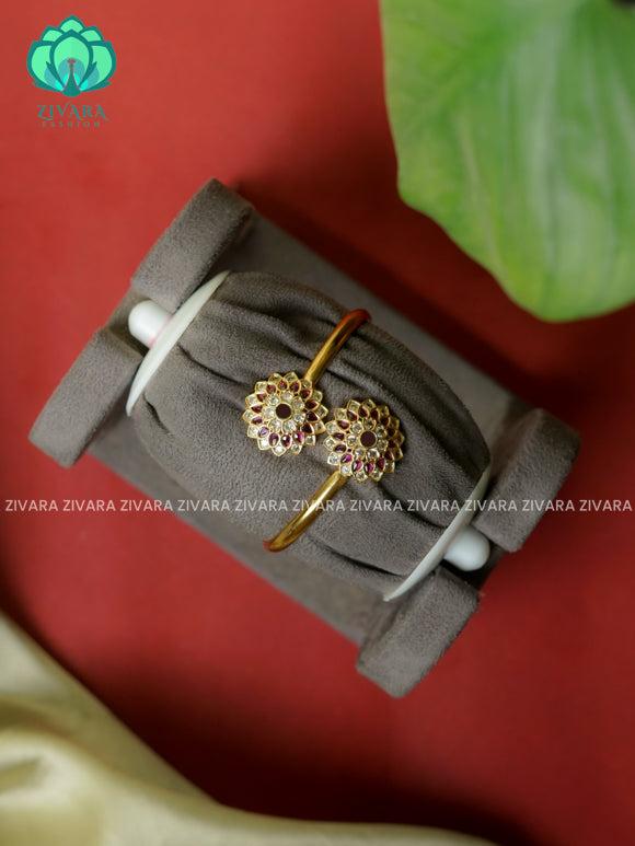 1 piece free size Flower KADA Ruby & Green -Premium gold finish kada bangle - Zivara Fashion