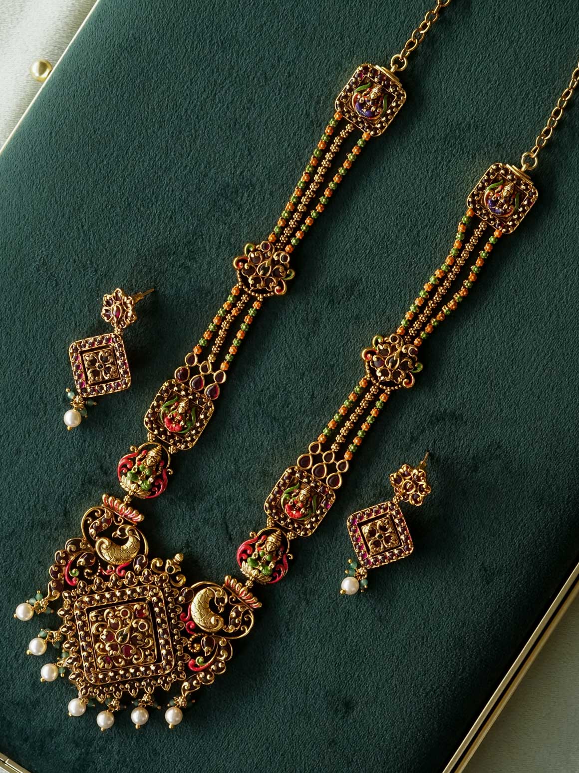 MADHURYA - LAKSHMI REVERSIBLE HAND PAINTED TEMPLE BRIDAL - Traditional PREMIUM MATTE polish MIDCHEST haaram/neckwear with earrings- Zivara Fashion