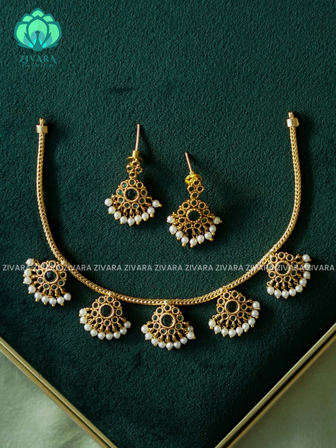 Brindha-GREEN ATTIGAI - FLEXIBLE CHAIN WITH EARRING  -Traditional south indian premium neckwear with earrings- Zivara Fashion- latest jewellery design