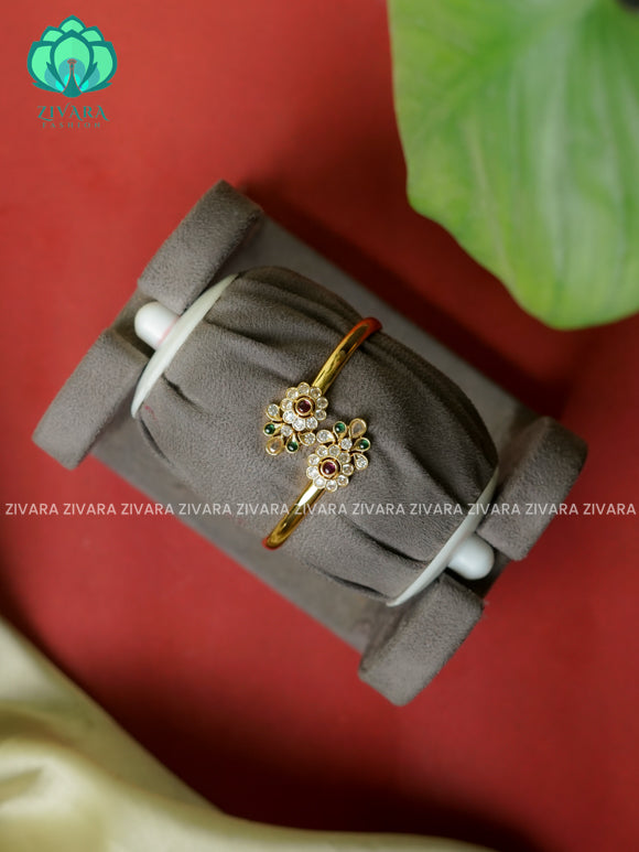 1 piece free size Floral KADA Ruby & Green -Premium gold finish kada bangle - Zivara Fashion