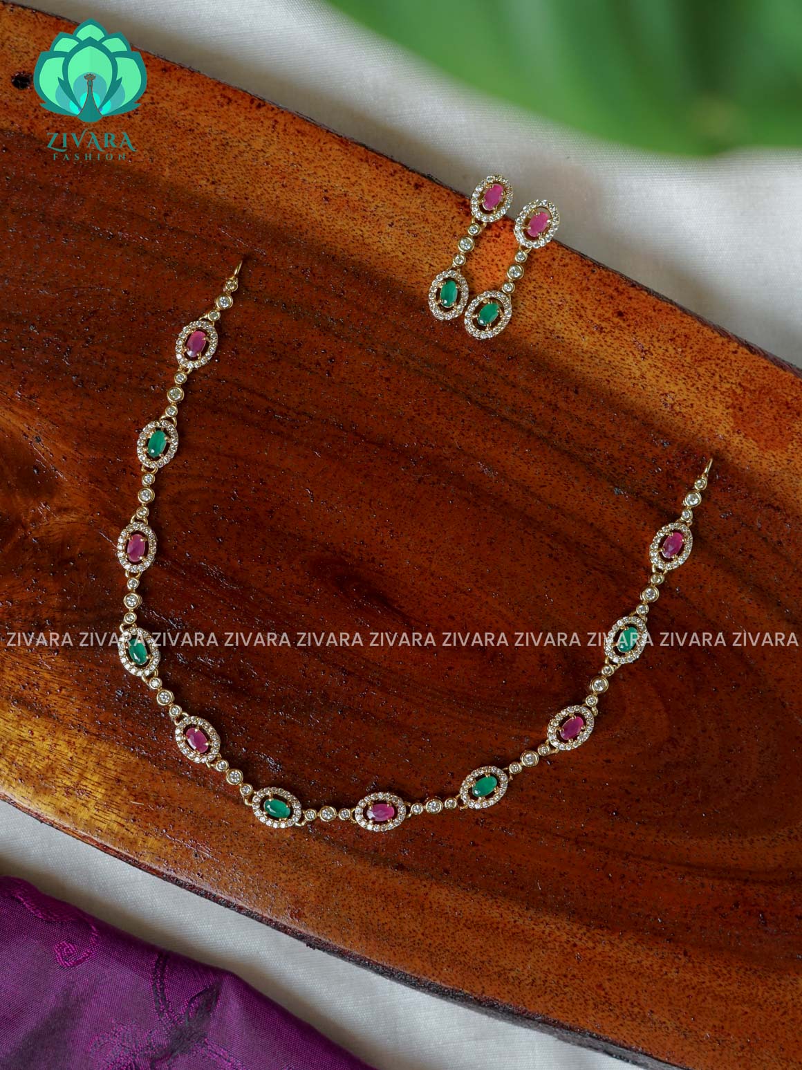 GREEN AND RUBY OVAL MOTIF SMALL SIZE KIDS FRIENDLY  - stylish and minimal elegant neckwear with earrings- Zivara FashioN