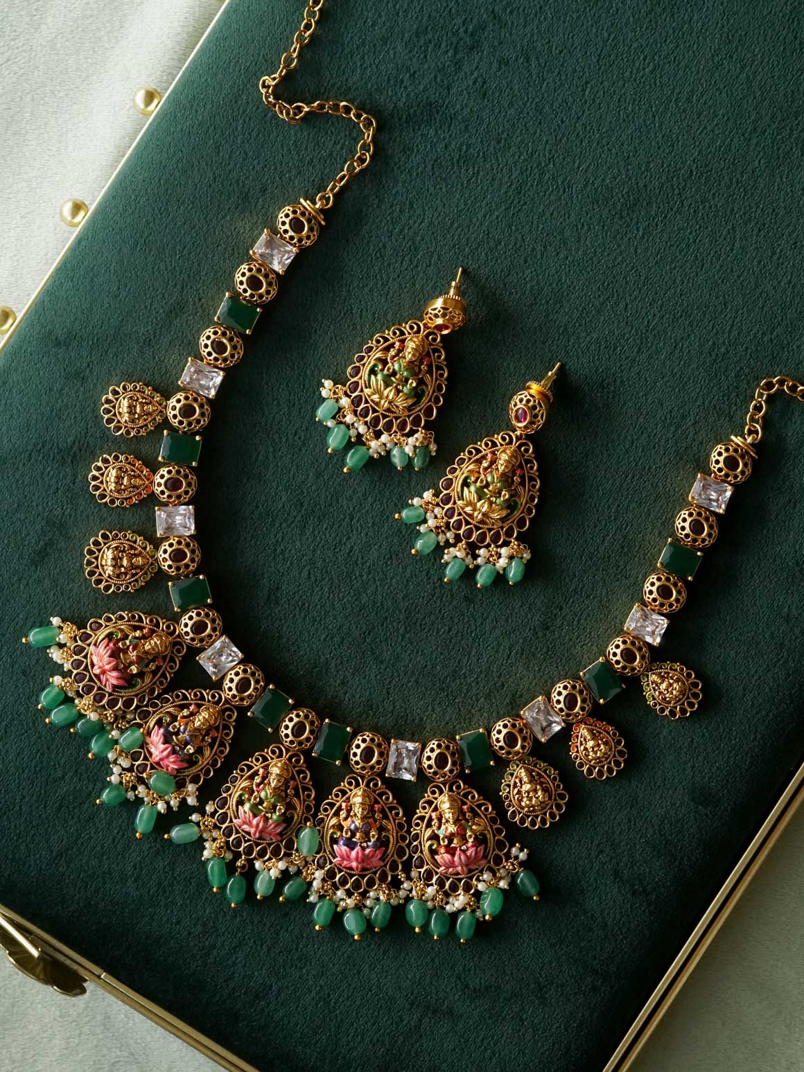 MADHURYA - LAKSHMI WITH GREEN BEADS HAND PAINTED TEMPLE BRIDAL - Traditional PREMIUM MATTE polish MIDCHEST haaram/neckwear with earrings- Zivara Fashion