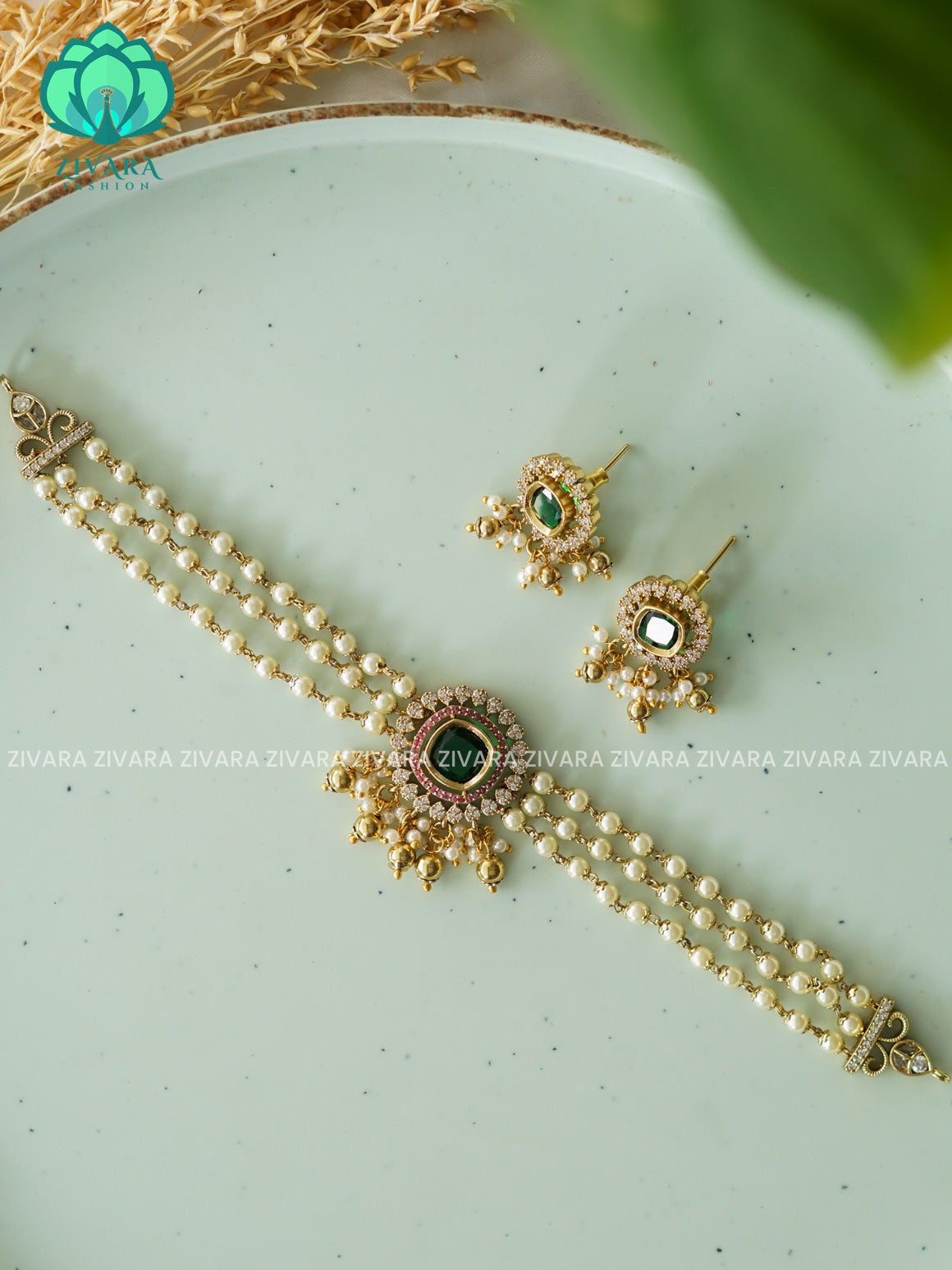 PEARL  ruby and green choker with earrings-Swarna- latest pocket friendly south indian jewellery collection