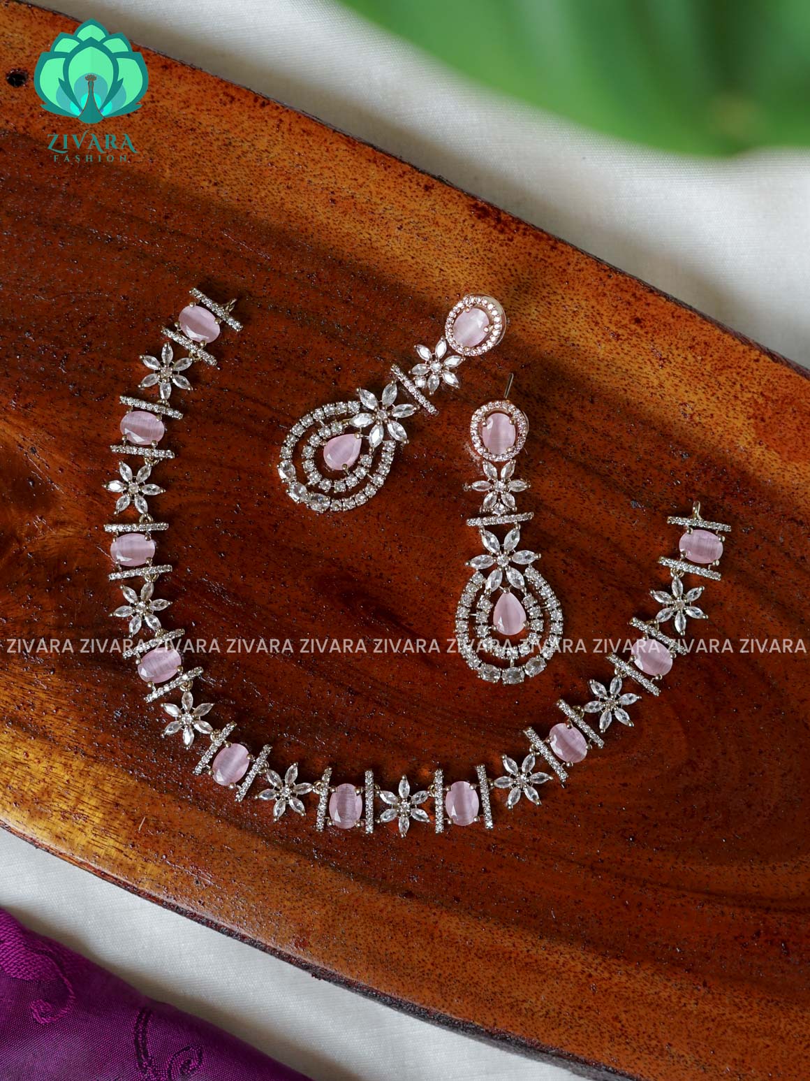 PINK - OVAL SEMI BRIDAL SUBTLE GOLD FINISH  - stylish and minimal elegant neckwear with earrings- Zivara FashioN