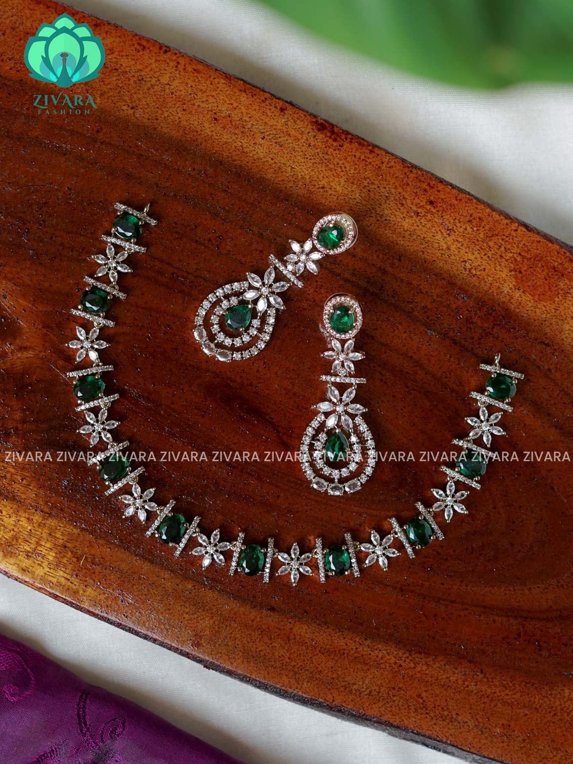 GREEN - OVAL SEMI BRIDAL SUBTLE GOLD FINISH  - stylish and minimal elegant neckwear with earrings- Zivara FashioN