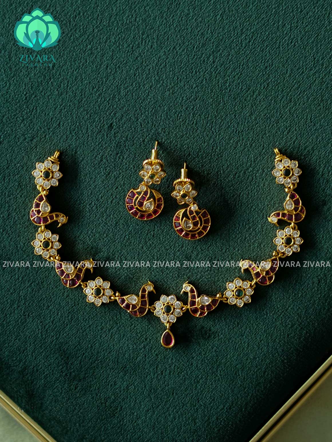 REAL KEMP PEACOCK  - FLEXIBLE CHAIN WITH HANGING -Traditional south indian premium neckwear with earrings- Zivara Fashion- latest jewellery design