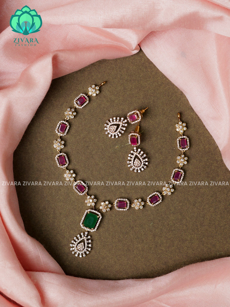 RUBY AND GREEN- SQUARE  - stylish and minimal elegant neckwear with earrings- Zivara Fashion