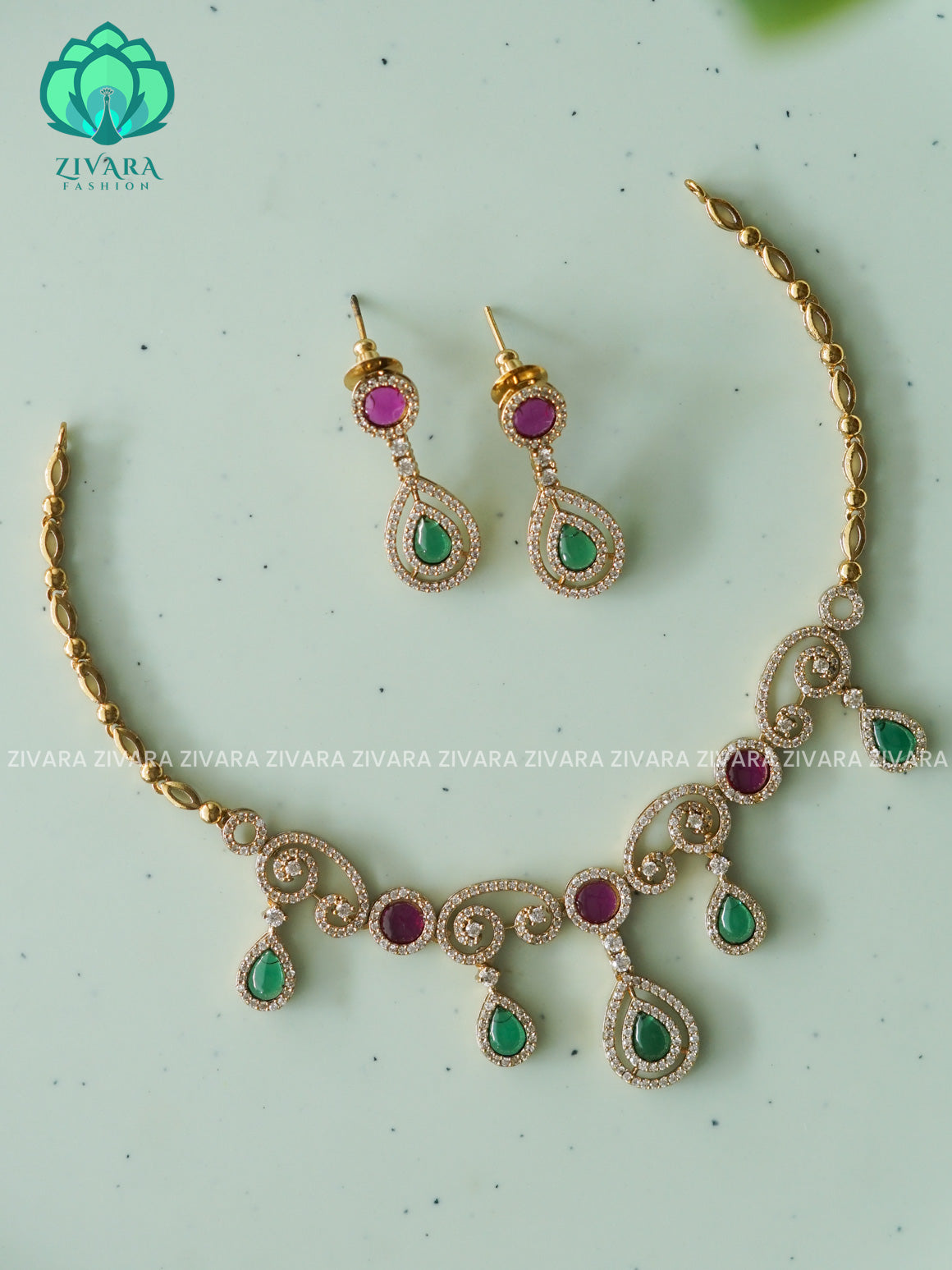 GREEN AND RUBY  TEAR  - stylish and minimal elegant neckwear with earrings- Zivara Fashion