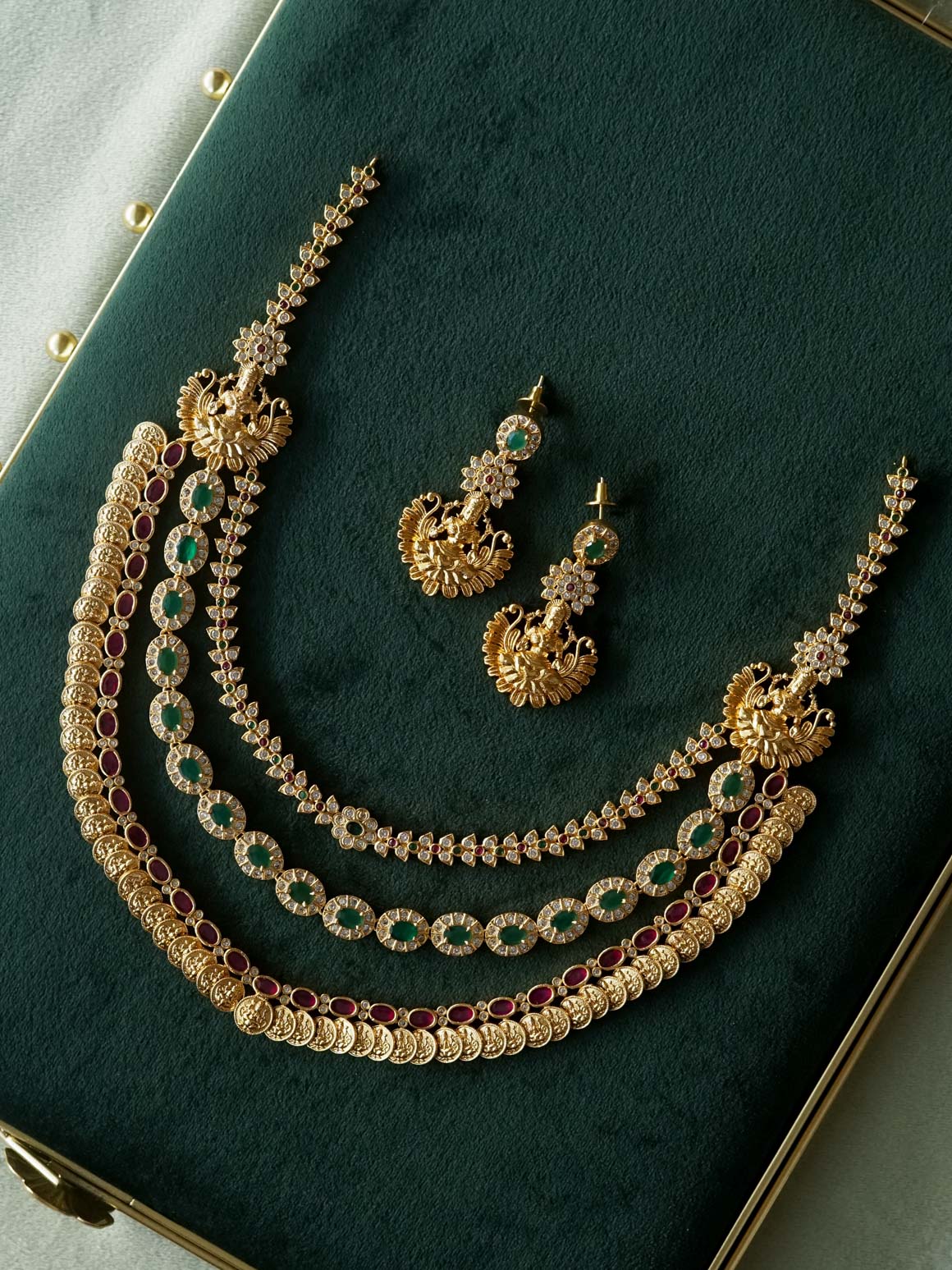 HEAVY TEMPLE COIN 3 LAYER BRIDAL NECKWARE - Traditional south indian premium neckwear with earrings- Zivara Fashion- latest jewellery design