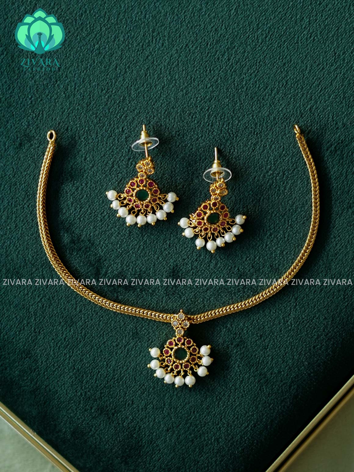 DHRUVA SERIES-RUBY GREEN AND WHITE- SIMPLE KIDS FRIENDLY FLEXIBLE CHAIN  - Traditional south indian premium neckwear - Zivara Fashion- latest jewellery design
