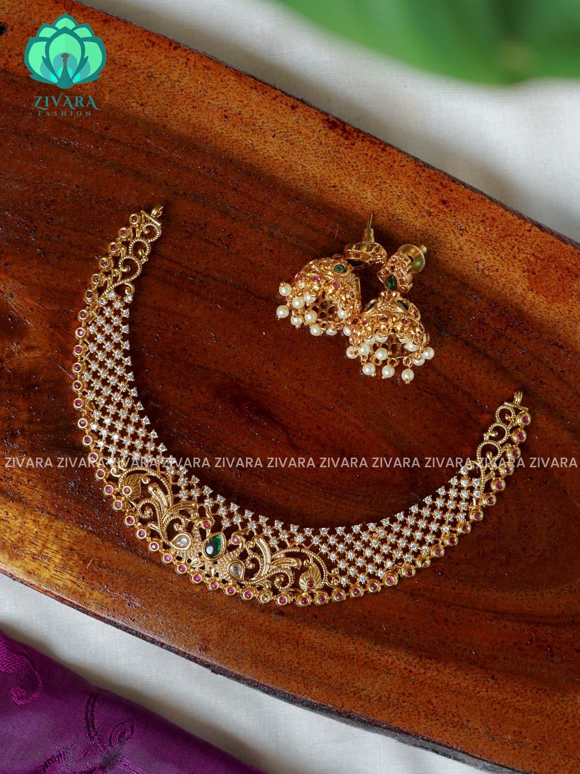 MOTIF FREE  HASLI -  Traditional south indian premium neckwear with earrings- Zivara Fashion- latest jewellery design.