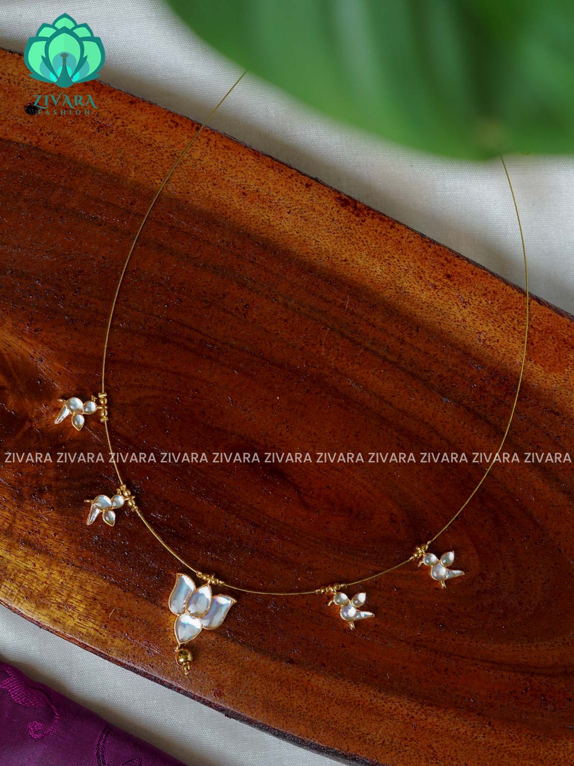 WHITE - TAMARA- LOTUS AND PARROT INVISIBLE MINIMAL ELEGANT HANDMADE NECKLACE WITH BRILLIANT FINISH MOTIFS- ZIVARA FASHION