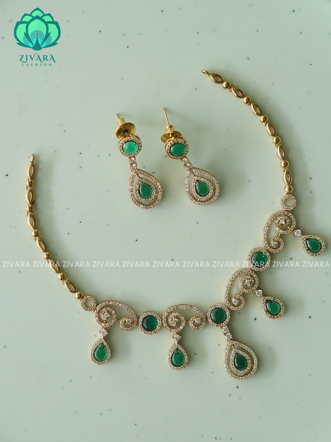 GREEN TEAR  - stylish and minimal elegant neckwear with earrings- Zivara Fashion